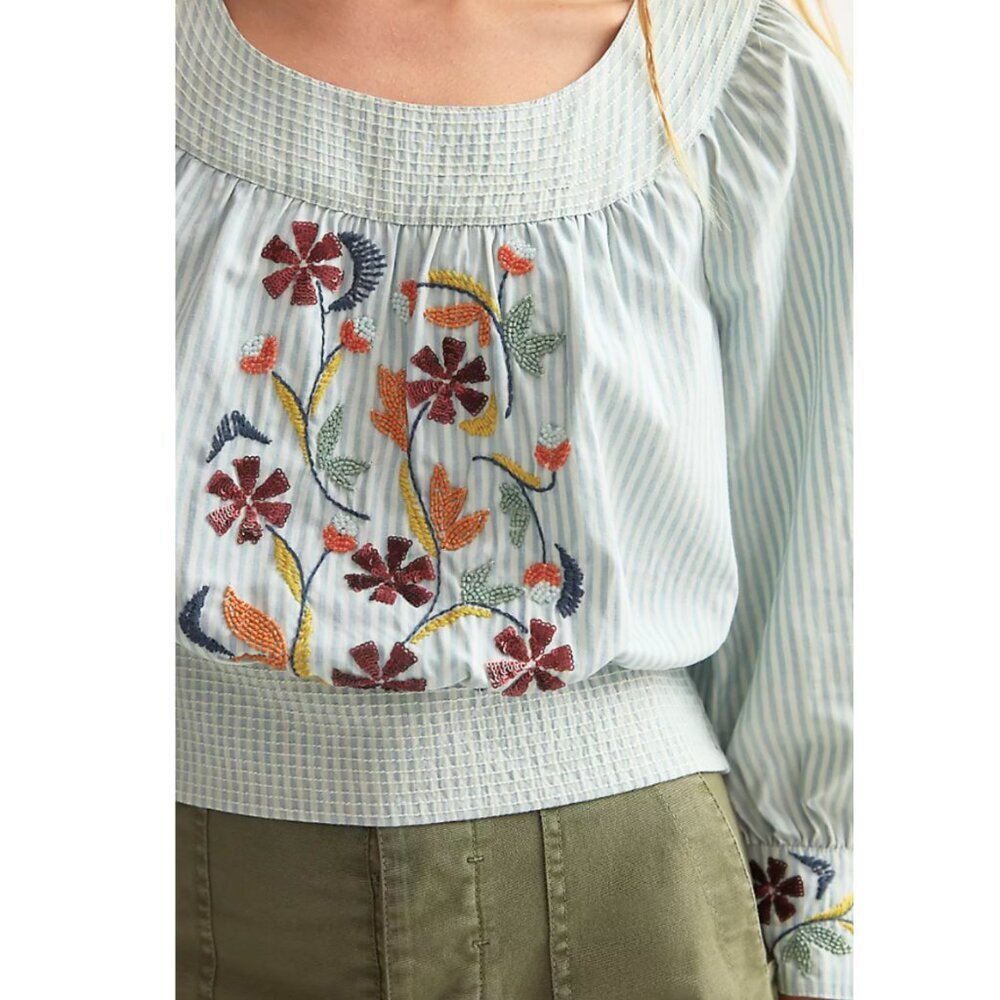 ANTHROPOLOGIE | Beaded Puff-Sleeved Blouse Blue White Small Fairycore Coquette - Picture 3 of 11